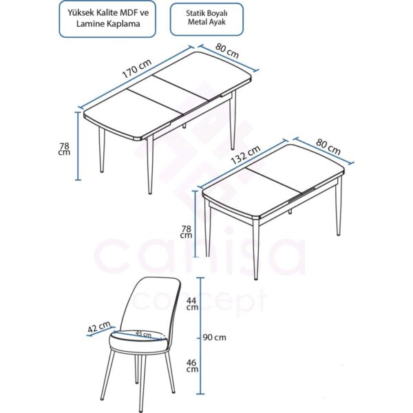Zen Serisi Açılabilir Mdf Beyaz Mutfak Masa Takımı+6 Adet Sandalye (80 x 132 Cm)