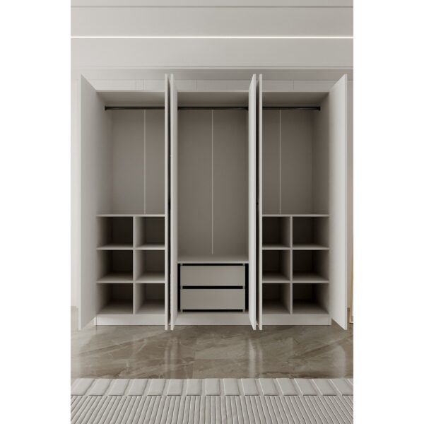 AE-2191 Hisar Beyaz/beyaz Aynalı 6 Kapaklı Çok Bölmeli Askılı ve Raflı Geniş Hacimli Gardırop 210X210 cm