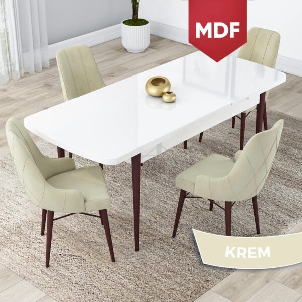 Concept Lia Serisi,MDF 80 x 132 cm Açılabilir Mutfak Masa Takımı, Beyaz Masa Ceviz Ayak 4 Sandalye