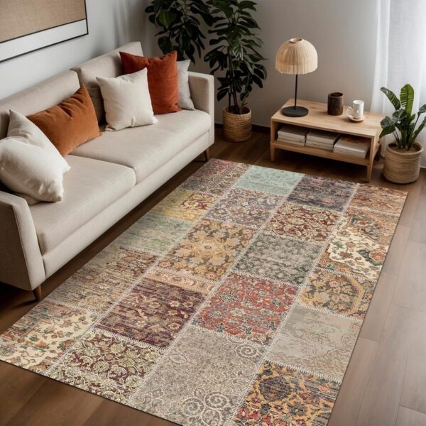 Trendy Pazars Dizayn Nadine Patchwork Desenli Şönil Pamuk Tabanlı Yıkanabilir Kaymaz Antibakteriyel Salon Halısı 80X200