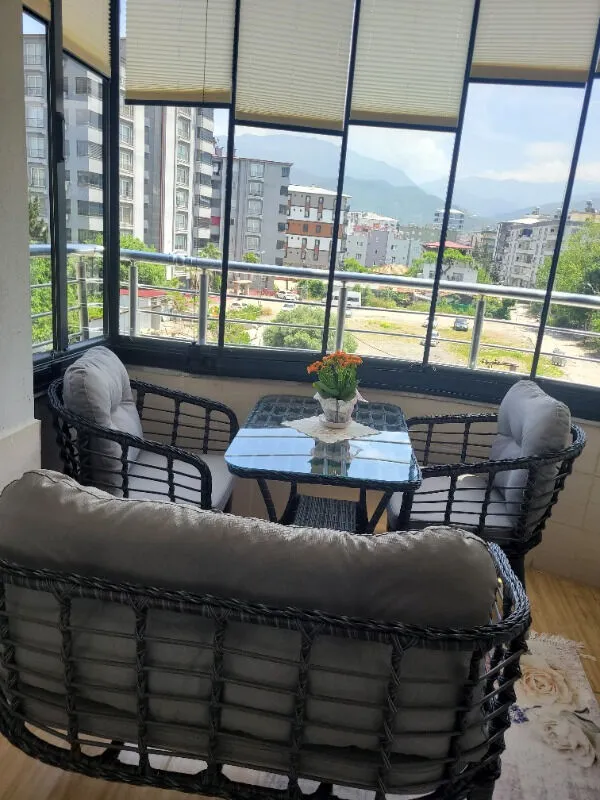 Kartepe 2 1 1 Rattan Bahçe Balkon Takımı,kahve Örgü/krem Kumaş
