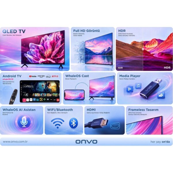 Onvo 40VQ80F2FA 40” 102 Ekran Uydu Alıcılı Full HD WhaleOS QLED TV