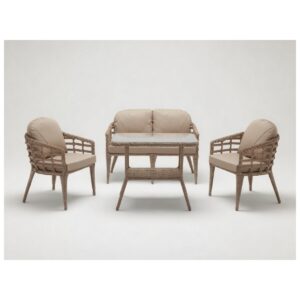 Monalin Home Garden Venedik Kapuçino 4 Kişilik(2-1-1-Masa) Rattan Örgü Bahçe & Balkon & Teras Oturma Grubu Minderli & Camlı & Masalı Takım