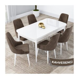 Concept Kar Serisi, 80X132 Açılabilir Mdf Mutfak Masa Takımı, Beyaz Masa 6 Sandalye