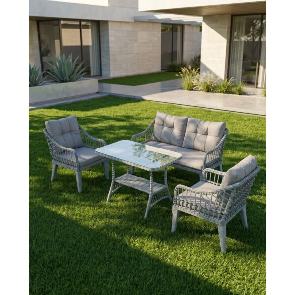 Kaş 2+1+1+Sehpa Bahçe Balkon Mobilyası,Gri Kumaş / Gri Rattan