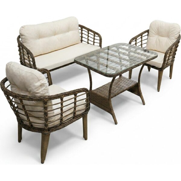 Kartepe Galvaniz Boru 2 1 1 Sehpa(60*90) Rattan Bahçe Balkon Takımı,Kahve Rattan / Krem Kumaş
