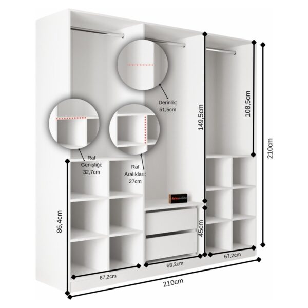 AE-2191 Hisar Beyaz/beyaz Aynalı 6 Kapaklı Çok Bölmeli Askılı ve Raflı Geniş Hacimli Gardırop 210X210 cm