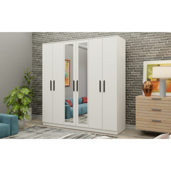 Metalia Gm 081 Favorite 6 Kapılı Aynalı Beyaz Siyah Kulplu Gardırop